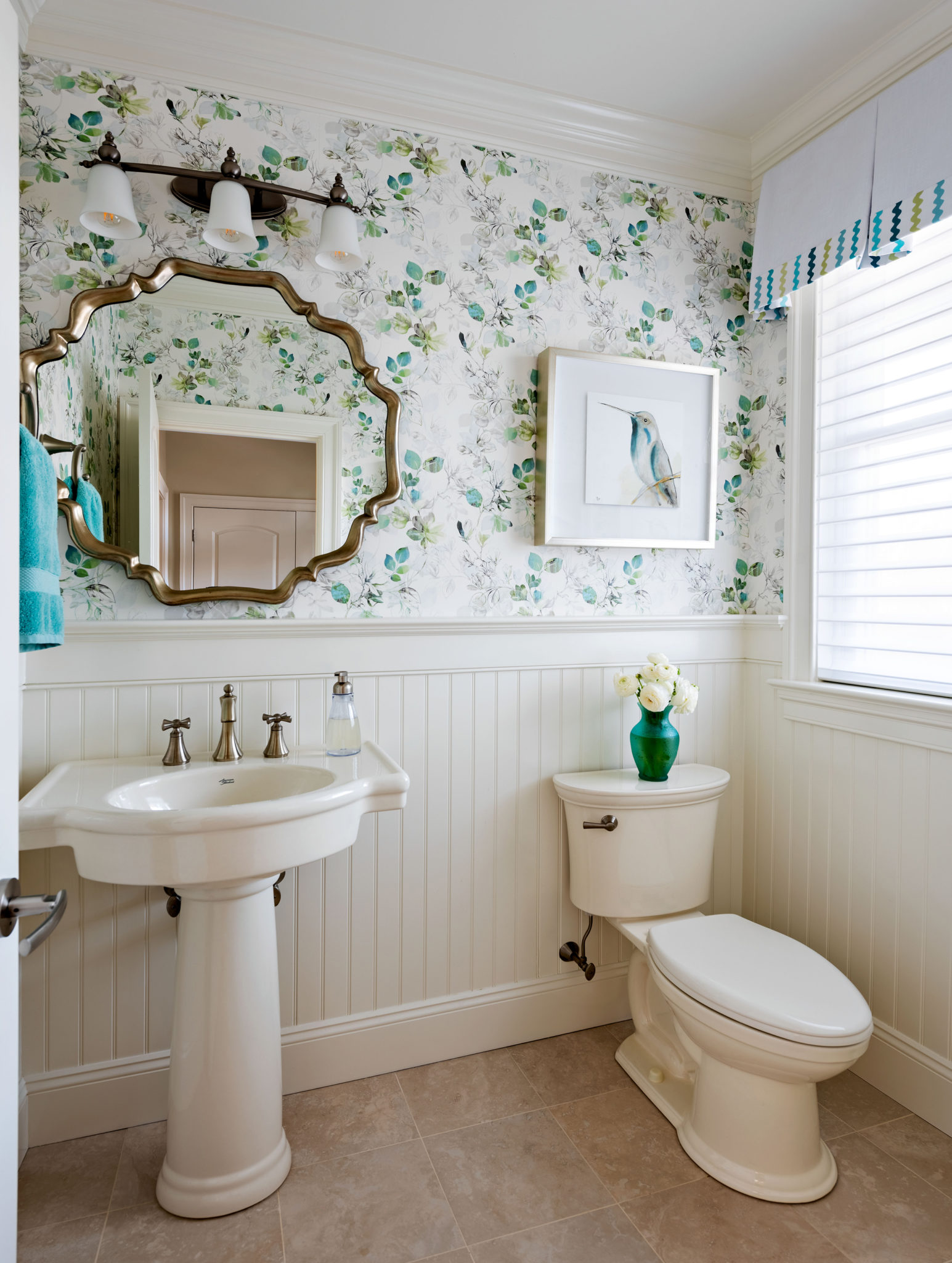 bathroom with floral wallpaper