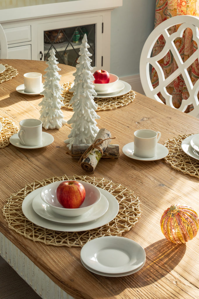 kitchen table with white christmas tree decor